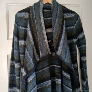 Kensie Cardigan Sweater Oversized Rib-Knit Collar Striped Drapey Open Front